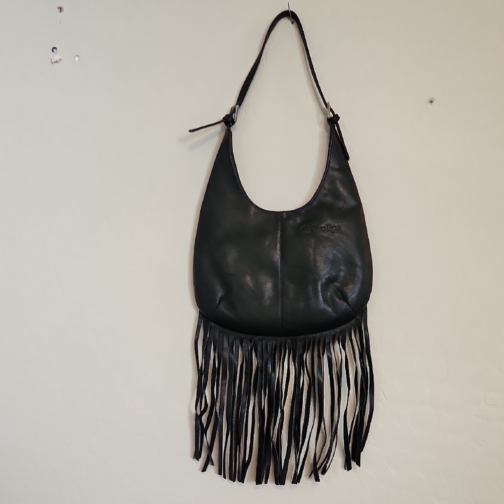 Two Lips Black Leather Fringe Hobo Bag